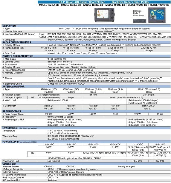 Furuno 1934C RADAR Chartplotter Specifications