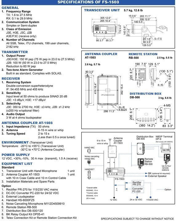 Furuno FS1503EM SSB-HF Radio Technical Specifications and Dimensions