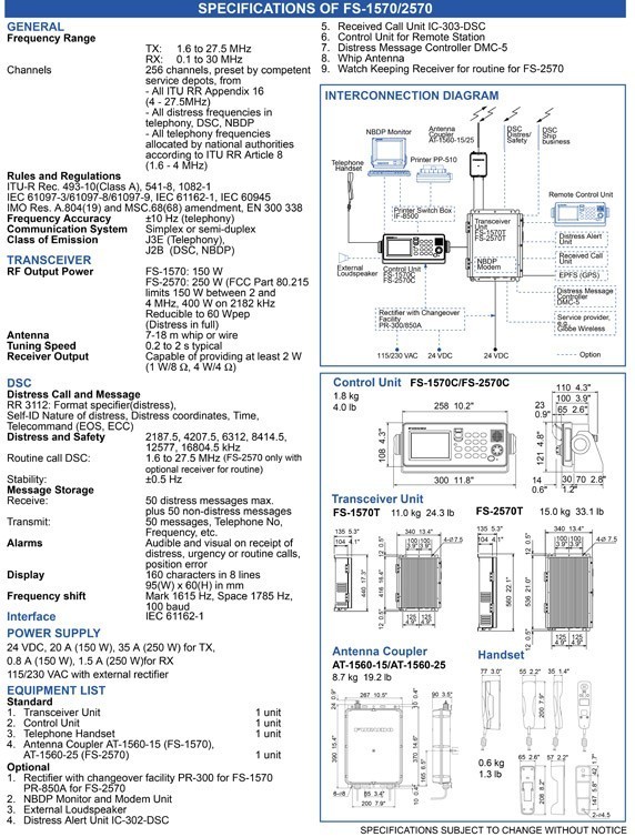 Furuno FS1570 SSB MF/HF Radio Technical Specifications and Dimensions