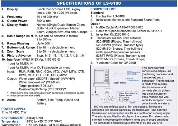 Furuno LS6100 Fishfinder Technical Specifications and Interconnect Diagram