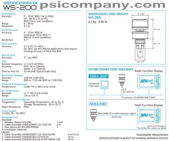 Furuno WS200 Weather Sensor Technical Specifications and Dimensions