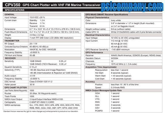 Standard Horizon CPV350 Chartplotter VHF Loudhailer Technical Specifications